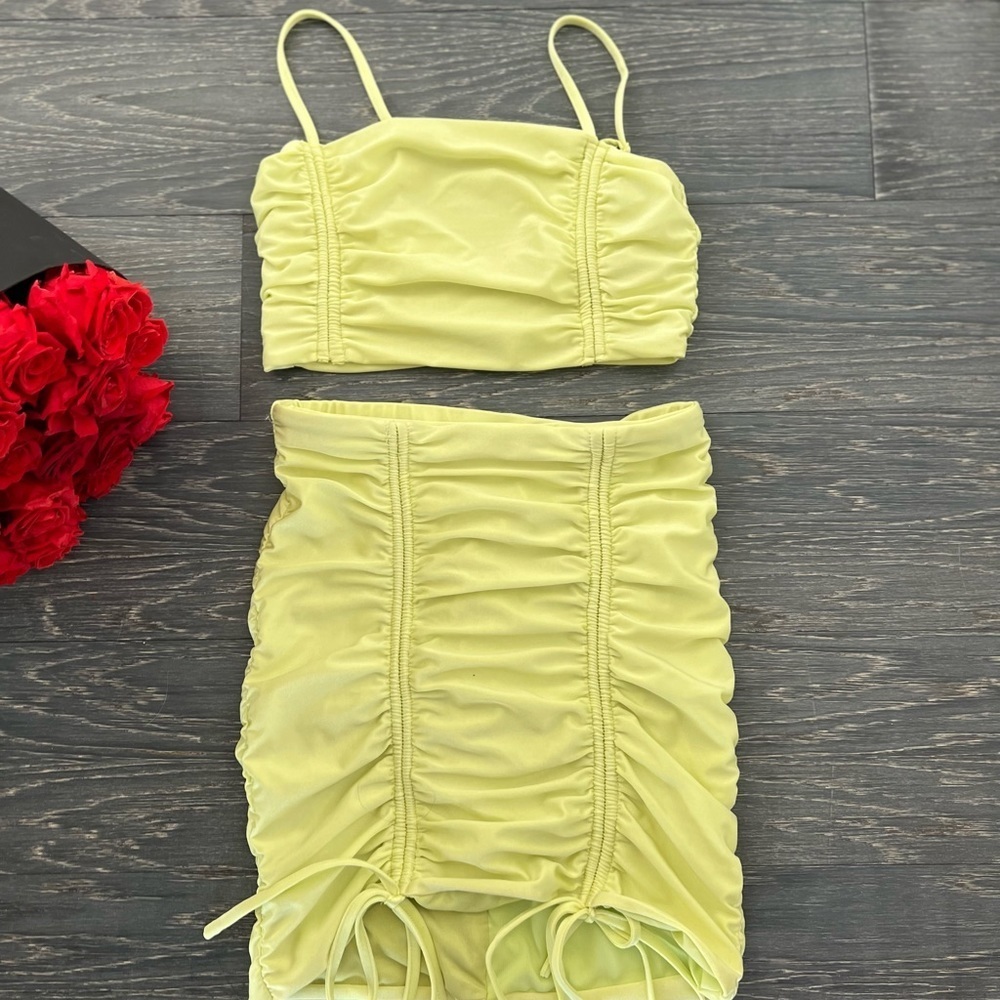 Lemon Yellow Ruched Set – Top & Skirt Summer Fit